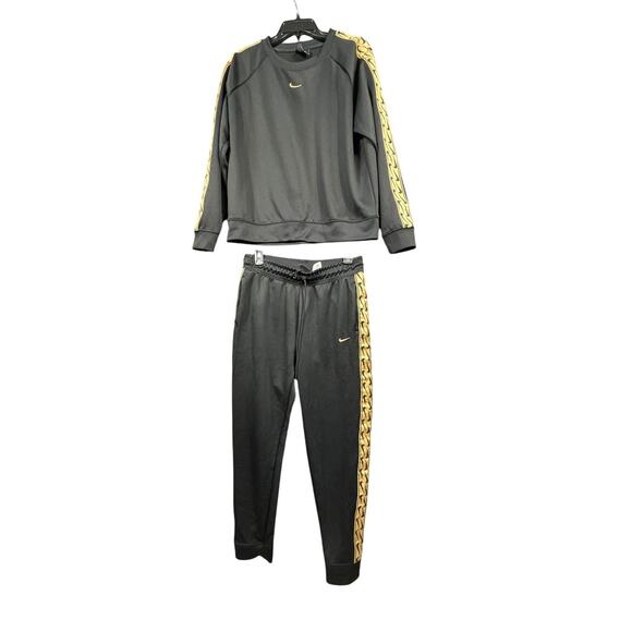 Nike Tracksuit Mens Medium Black Gold Swoosh BV3443-011 Crewneck Pants Set - Picture 1 of 15